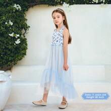 Little Girls' Ruffled Tulle Summer Dress With Floral Print Garden Parties
