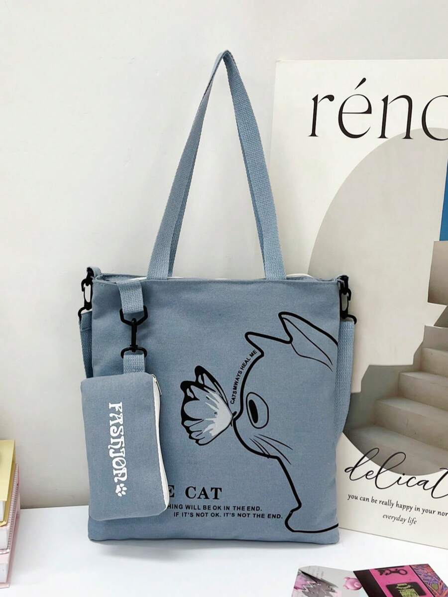 Túi Tote Canvas, Thích hợp cho Học sinh Trung học/Tiểu học đi học kèm, Túi đeo vai, Túi đeo chéo, Túi Canvas có sức chứa lớn đựng sách