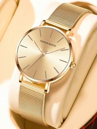 HANNAH MARTIN 1 pieza Reloj de cuarzo elegante para mujer, resistente al agua 3ATM, correa de malla de acero inoxidable color oro rosa, movimiento de cuarzo japonés, caja redonda de 36mm, reloj de moda atemporal, incluye caja de regalo negra exquisita, adecuado para regalos de novia y madre