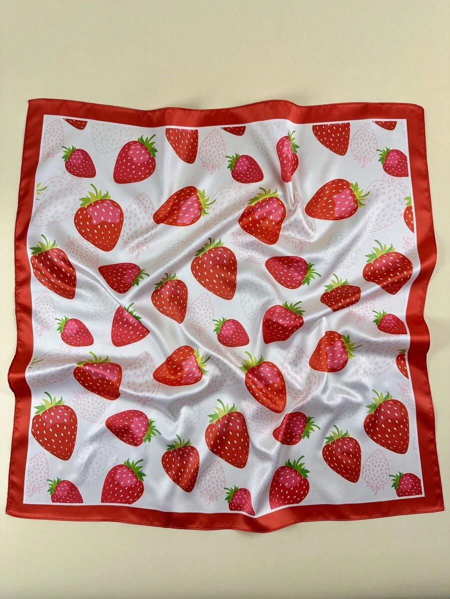 1条女士草莓印花优雅丝巾，缎面领巾头巾，连衣裙配饰 - 彩色 - 查看 1