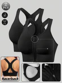 2pcs Sports Bras For Women Summer Gym Bra Seamless Wireless Bralette High Elastic Tank Tops Workout Training Removable Padding Zipper Racerback Running
