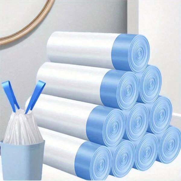 75pcs/5 Rolls, Drawstring Garbage Bag, Household Hand-Held Thickened Kitchen Large Cost-Effective Cleaning Bag, Office Commercial Plastic Bag
