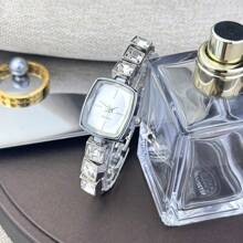 Neue Damen Uhr mit eingearbeiteten Zirkonia, elegantes quadratisches Zifferblatt, Legierung Quarzwerk, Mode Armband aus Stahl mit Strass, Damen Armbanduhr