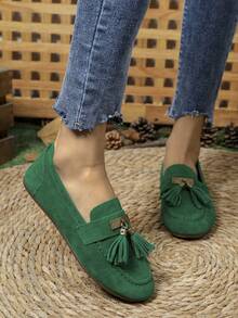女式平底流苏乐福鞋，2025年新款纯色绒面革蝴蝶结软底一脚蹬平底女鞋 - 綠色 - 查看 3