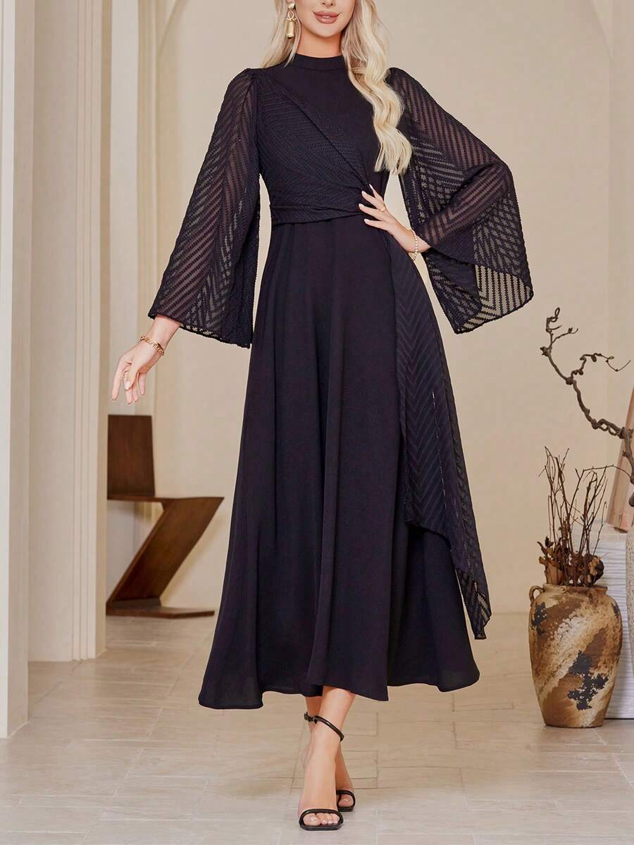 Stand Collar, Bell Sleeve Arabic Style Dress - Black - View 1