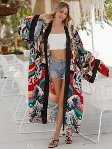 加大码夏季中长款宽松休闲沙滩罩衫、和服、长袍、波西米亚风超长连衣裙套装（适合比基尼）、轻质防晒霜 - 黑色 - 查看 6