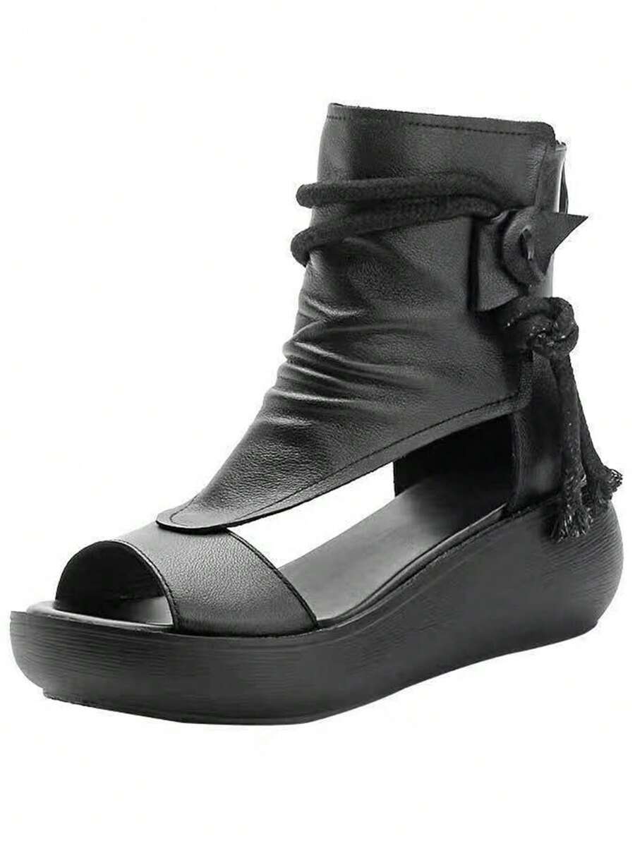 Color sólido casual sandalias de tiras, suela gruesa estilo retro sandalias de las mujeres, la primavera y el verano de viaje botas de tobillo, adecuado para viajes casuales, compras, fiesta y desgaste diario. - Negro - Ver 1
