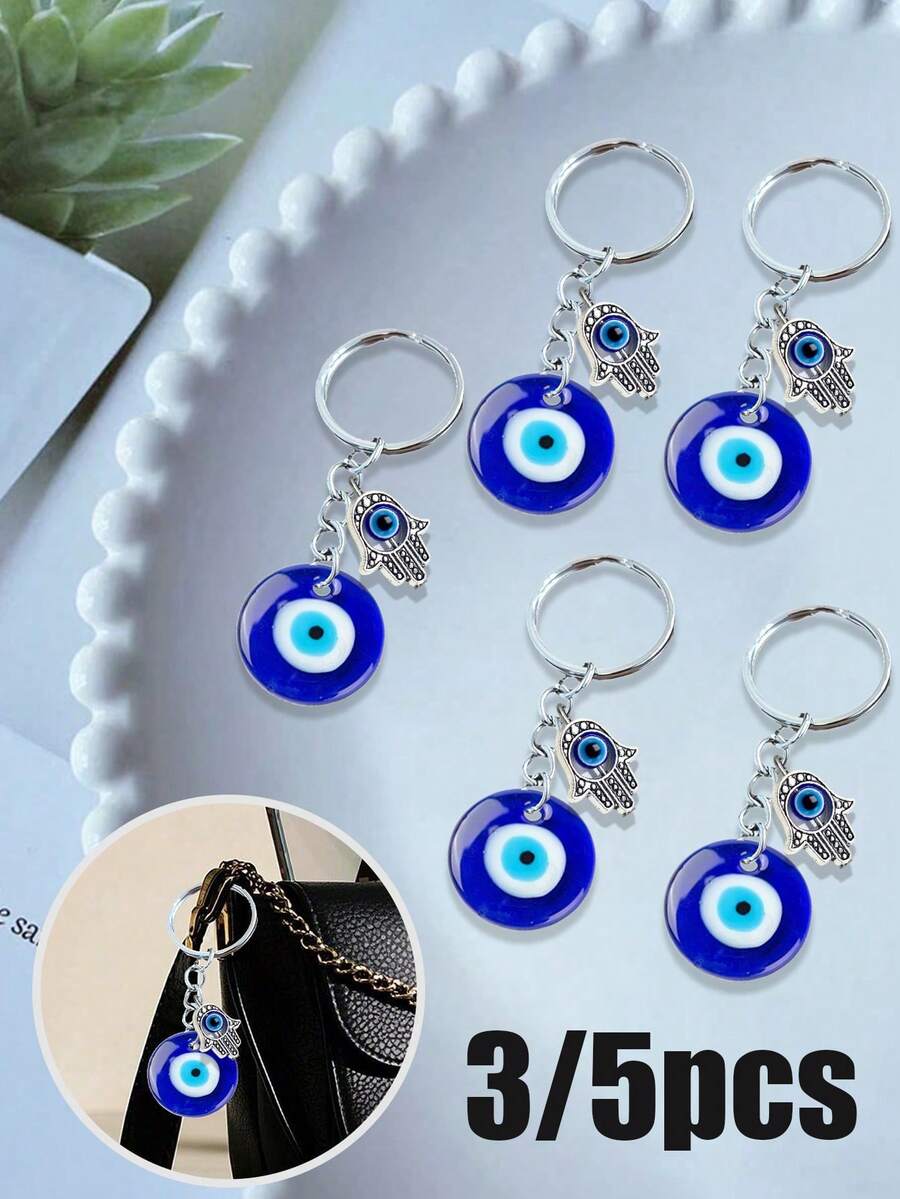 2pcs/Set Blue Evil Eye Fatima Hand Keychain Amulet, Lucky Alloy Keychain Combo, Keyring, Bag Charm, Car Key Chain, Ideal Gift For Friends, Couples, Parties, Packaging Decor, Auto Keychain, Couple Gift, Student Holiday Gift, Handbag Charm, Mother's Day Gift - Blue - View 1