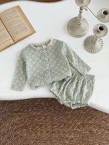 2pcs/Set Baby Girls' Casual Hollow Ditsy Floral Long Sleeve Cardigan + Shorts, Summer - Green - View 6