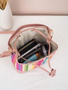 大容量女士抽绳水桶托特包，百搭日常沙滩包，夏季新款帆布斜挎草编手提包 - 彩色 - 查看 5