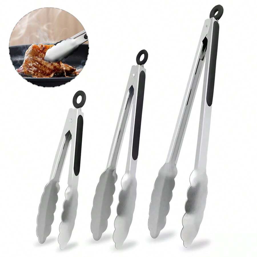 1pc Stainless Steel Kitchen Tongs, 7/9/12-Inch Food Tongs, Heat Resistant Stainless Steel Pointed Tip For Cooking, Serving, BBQ, Grilling, Salad And More, Kitchen Stuff, Baking Tools