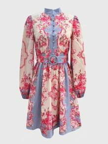 Vestito estivo da donna in stile retrò ed elegante, con collo alla coreana in pizzo, maniche a lanterna e stile bohémien