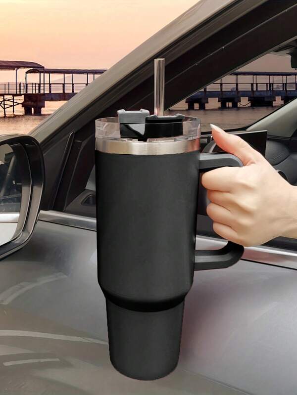 1pc Stainless Steel Car Cup Handle Insulated Water Bottle, 1200ml Large Capacity With Straw