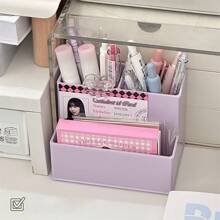 1pc 6-Compartment Cream Color Pen Holder, Simple Design Large Capacity Desk Organizer For Stationery, Makeup Brushes, Eyeliners And Other Beauty Tools Back To School
