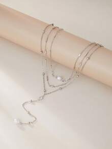 1pc Vintage Creative Faux Pearl Waterdrop Y-Shaped Pendant Necklace, Women's Elegant Fashion Crystal Decor Multi-Layered Charm Necklace - Silver - View 8