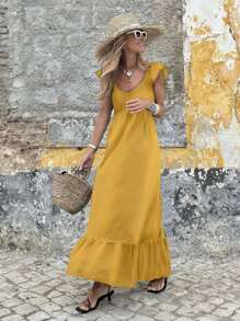 Vestido largo elegante con mangas de vuelo de diseño amplio, de unicolor, cómodo y casual, para vacaciones y días festivos para mujeres