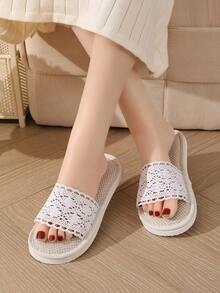 女士蕾丝亚麻拖鞋，室内舒适静音时尚卧室情侣拖鞋，地板拖鞋 - 白色 - 查看 3