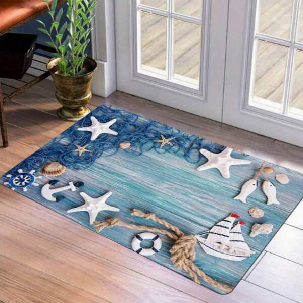1 tapete decorativo para presente de Dia das Mães - capacho de boas-vindas estilo férias azul com conchas e estrelas do mar, antiderrapante, lavável à máquina, pelúcia fofa em formato de diamante, revestimento antiderrapante de TPR adequado para cozinha, banheiro, sala de estar e entrada, padrão floral decorativo, retangular