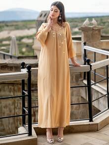 BEAUTY AMINAH Yellow Abaya Long Robe With Sparkling Diamond Decoration On Neckline, Glamorous For Gatherings & Parties, Modest - Apricot - View 3