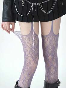 1 双女士性感深色哥特式蜘蛛网提花渔网连裤袜，适合万圣节 - 淡紫色 - 查看 5