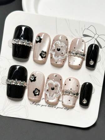 10pcs/Set Handmade Acrylic Press On Nails Mid-Length Square Nails, Three-Dimensional Carved Floral Nails, Black Nails, Sparkling Champagne Cat's Eye Nails, Crystal Embellished Nails, Painted Floral Nails,Spring Nails, Summer Nails, Nail Supplies ,Fake Nails,Detachable Fake Nails, Nail Supplies Nail Art,Suitable For Party, Dance, Daily Wear, Student Party, Cosplay, Press-On And Reusable, With Jelly Glue And Nail File DIY Nail Supplies