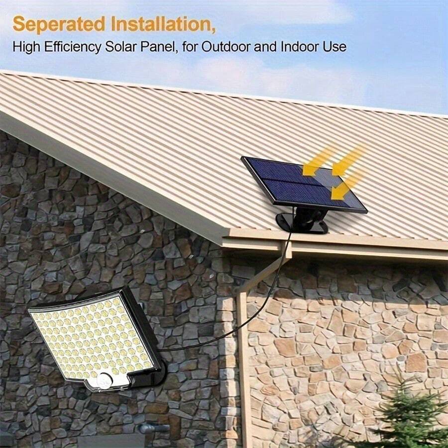Luces solares exteriores, 106 focos LED solares con sensor de movimiento con control remoto, focos LED con cable de 5 m, luces de seguridad solares con sensor de movimiento a control remoto para exterior, patio, jardín, garaje