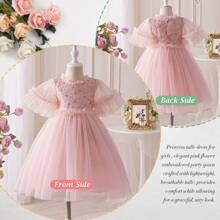 Girls Summer Dresses Pink Princess Style Embroidered Tulle Ruffled Sleeve Birthday Vacation Dresses