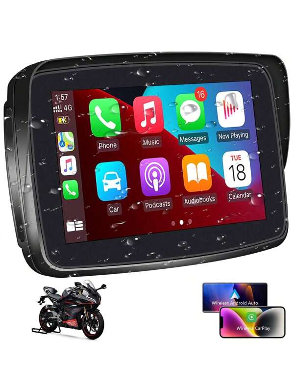Portable Carplay Screen For Motorcycle, Wireless Apple CarPlay & Android Auto, 5-Inch IP67 Waterproof GPS Navigation, Voice Control, 5G Dual Bluetooth, TF Input