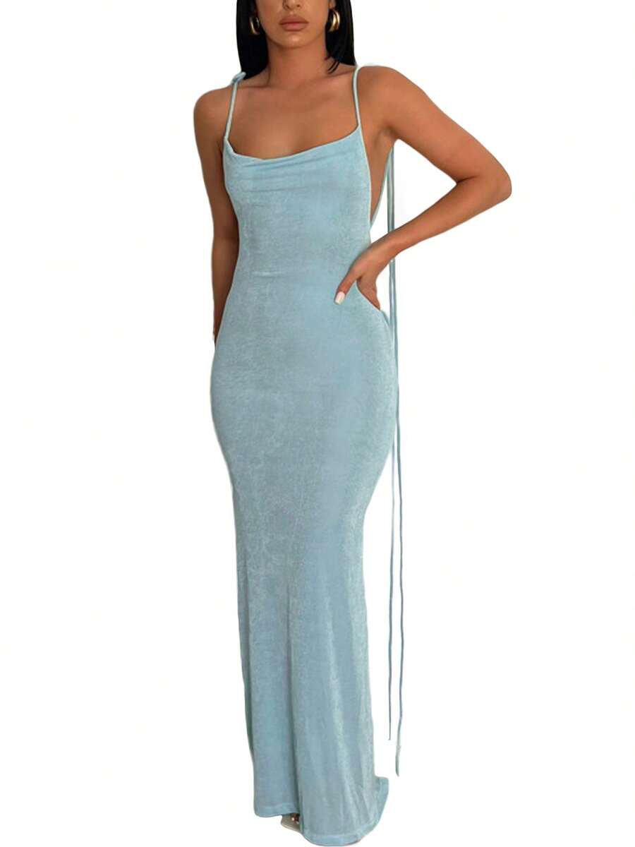 Women's Backless Bandage Long Dresses Spaghetii Strap Club Party Elegant Bodycon Maxi Dress - Baby Blue - View 1