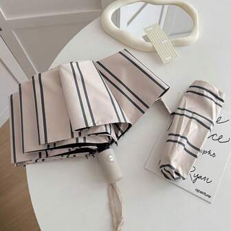 1pc 8-Bone Tri-Fold Umbrella UPF50+ Green & Striped Unisex Windproof & Rainproof Umbrella, Retro British Style, Automatic Open/Close, Suitable For Sunny And Rainy Days