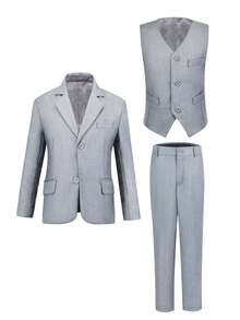 Boys Suits 3-Pieces Suit Set Toddler Tuxedos Dresswear Ring Bearer Outfit Wedding Blazer Vest Pants Formal Suits For Kids Light Grey Size 3-10Y