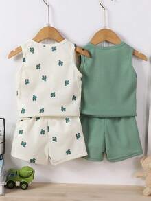 Bhchntiy 4pcs Set Young Boy Summer Cactus Print & Solid Waffle Crew Neck Vest + Pants Casual Fashion Outfits - Multicolor - View 2