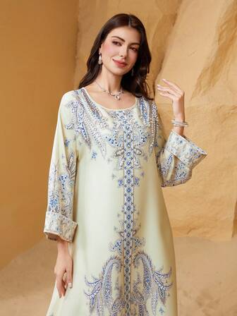 Women's Printed Dress With Diamond & Pearl Decor, Elegant Jalabiya With Long Sleeves