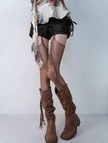 1 双女士性感暗哥特式蜘蛛网提花渔网紧身裤，适合万圣节 - 棕色 - 查看 5