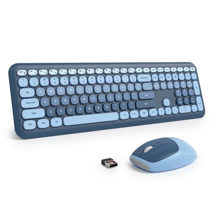 Quiet Wireless Keyboard And Mouse, Retro Typewriter-Style Full-Size Colorful Keyboard And Mouse Combo, Slim Design, Low-Noise Typing For Windows PC Laptop - 藍色 - 查看 1