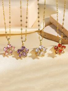 1pc Cubic Zirconia Decorated Flower Pendant Necklace - Gold - View 3