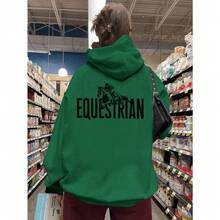 Local Delivery-Cozy Gray Polyester Sweatshirt With Horse And Rider Print, Long Sleeves, Knit Fabric, Machine Washable, Cozy Clothing|Hooded Sweatshirt|Nonstretch Material,Women's Plus Size Equestrian Hoodie - - Green - View 2