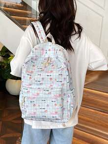 1pc Casual Versatile Backpack With Contrasting Plaid Pattern & Cute Dog Graphic, Large Capacity, Zipper Closure, College Style - Blue - View 4