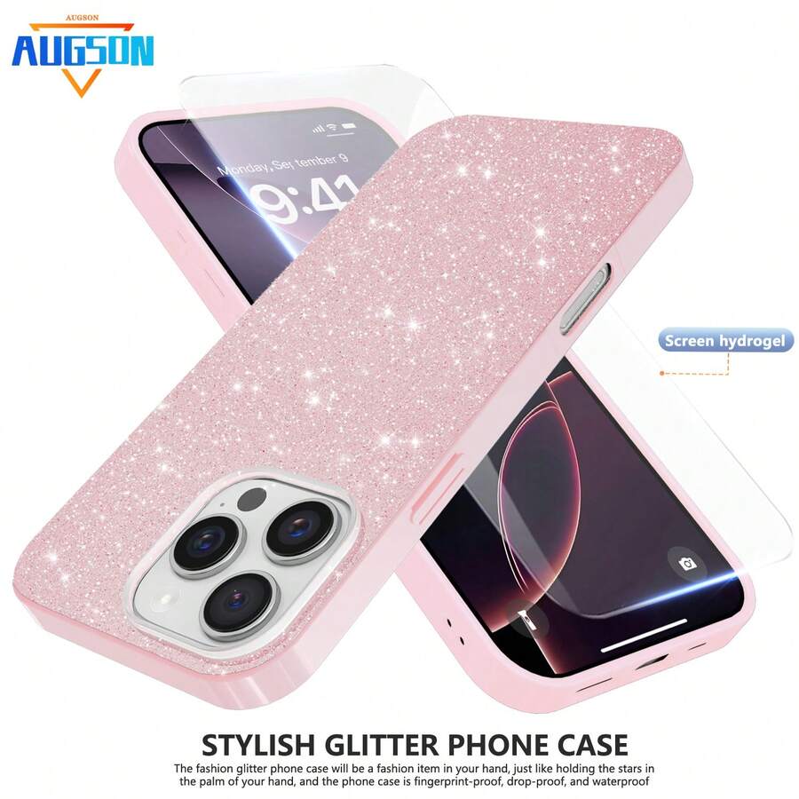 Pink Phone Case Sequins New Glitter Phone Case Compatible With Apple 16 Pro Max/15 Pro Max/14 Pro Max/13 Pro Max/12 Pro Max/11 Pro Max/XS Max/7/8 Plus Phone Case Waterproof Shockproof Anti-Fall Scratch Resistant - Pink/Screen Protector - View 1