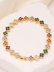 优雅时尚的四叶草彩色方晶锆石不锈钢女士手链套装，适合日常、晚会、情侣约会、送礼 - 金黃色 - 查看 5