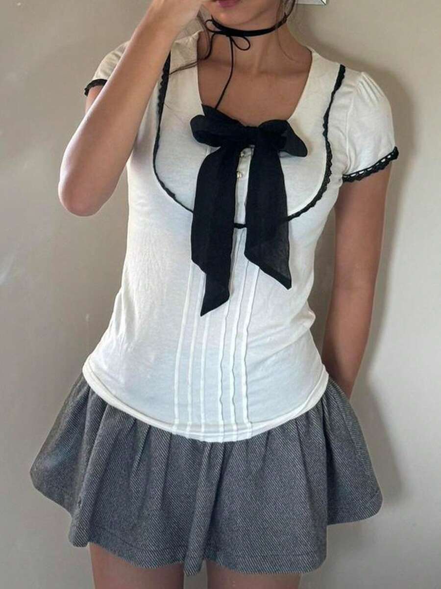 Women Fairy Grunge Crop Top Cute Cap Sleeve Lace Patchwork Slim Tee Shirt Kawaii Big Bow Dec - Black and White - View 1