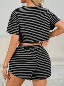 2pcs Women Summer Casual Sports Soft Knit Striped Crew Neck Top And Elastic Waist Side Slit Shorts Set, Comfortable Home Wear & Outerwear