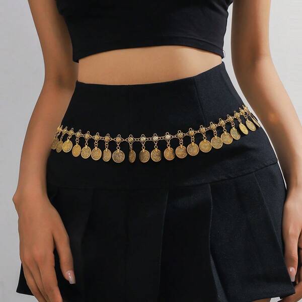 1pc Vintage Chic Metal Distressed Floral Disc Circular Waist Chain, Bohemian Patterned Coin Tassel Waistband Suitable For Women, Everyday Wear, Banquet, Party