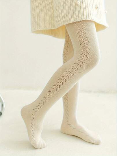 1pc Girls Net Mesh Wheat Knitted Soft Elastic Waist Leggings/Tights, Children Clothing, Suitable For Spring, Summer, Autumn
