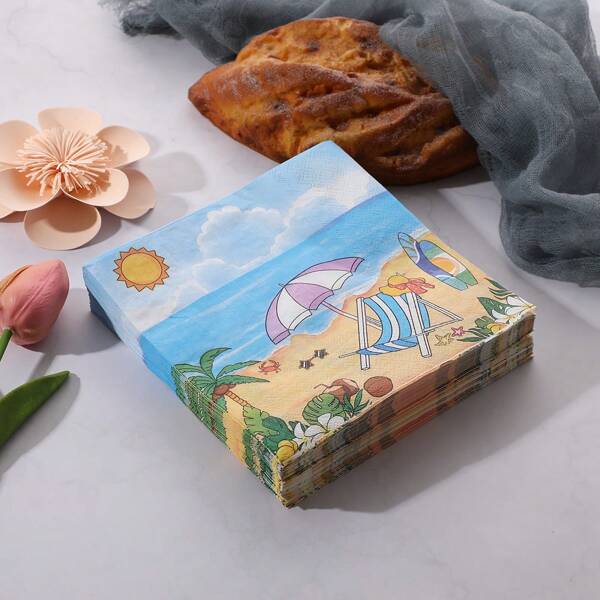 20pcs/Pack Summer Beach Style Disposable Napkins, 13*13 Inch, Suitable For Outdoor Party Decoration Like Wedding, Birthday, Family Gathering, Tea Party In Spring & Summer, Ideal For Restaurant & Cafe Decoration