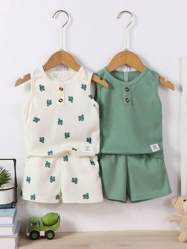 4pcs Set Young Boy Summer Cactus Print & Solid Waffle Crew Neck Vest + Pants Casual Fashion Outfits