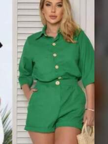 Linen Set / Shirt And Shorts / With Elastic Waistband - Gold - View 2