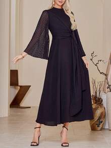 Stand Collar, Bell Sleeve Arabic Style Dress - Black - View 5