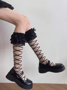 1 Pair Japanese Style Summer Sheer Crystal Polka Dot Frill Trim Bow Socks - Black - View 3