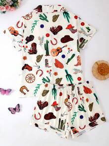 [Livanti Pajamas]2pcs/Set Women Lightweight Short Sleeve Sleepwear Set, Collared Button-Down Shirt With Floral & Cowboy Boot Prints, Comfortable & Loose Fit, Suitable For All Seasons - Apricot - View 6
